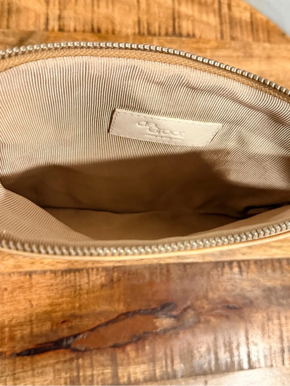 de Groot Soiree Studded Leather O-Ring Wristlet Clutch Tan Nude